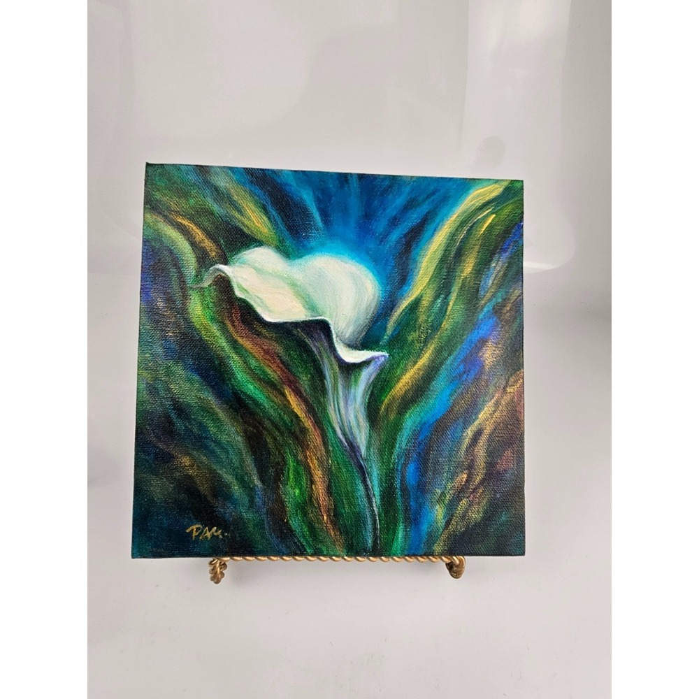Original Painting‎ and Hand Painted Glass Vase Set Calla Lily Signed Art - Picture 11 of 16